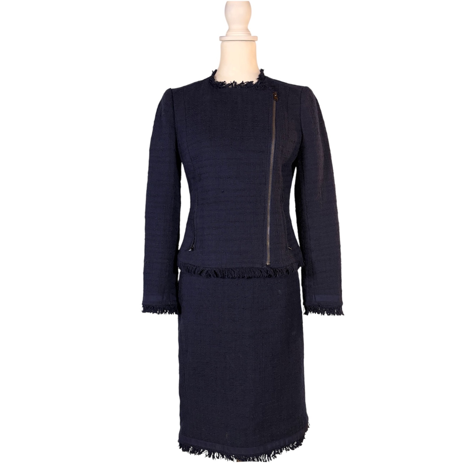 J. Crew Navy Blue Tweed Suit Moto Jacket Pencil Skirt Set Preppy Classic Chic